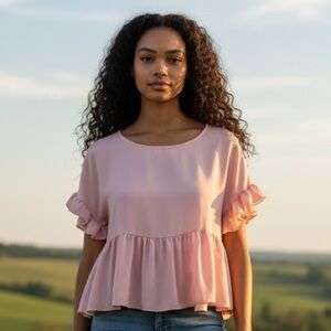 MI AMI BY FRANCESCA BLUSH PINK BABY DOLL CROPPED RUFFLE PEPLUM BLOUSE TOP SZ M